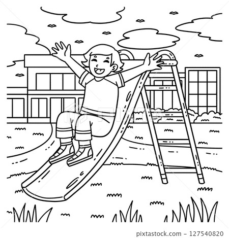School Yard Girl Going Down the Slide Coloring  127540820