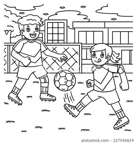 School Yard Children Playing Soccer Coloring Page  127540824