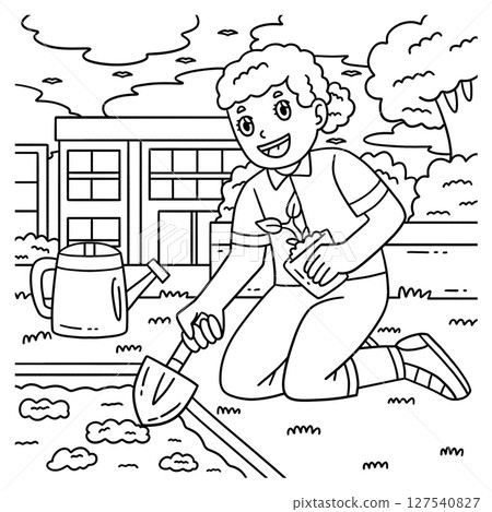 School Yard Girl Planting Seedlings Coloring Page  School Yard Girl Planting Seedlings Coloring Page  127540827