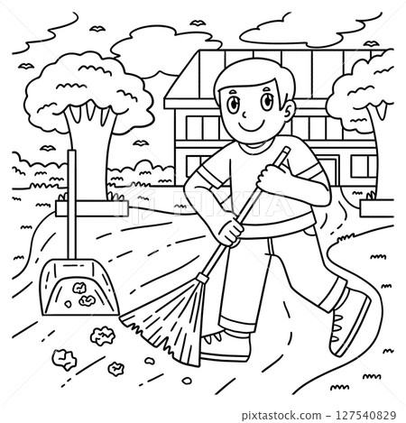 School Yard Boy Cleaning School Ground Coloring  127540829