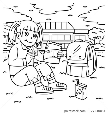 School Yard Girl Eating Snacks Backpack Coloring  127540831