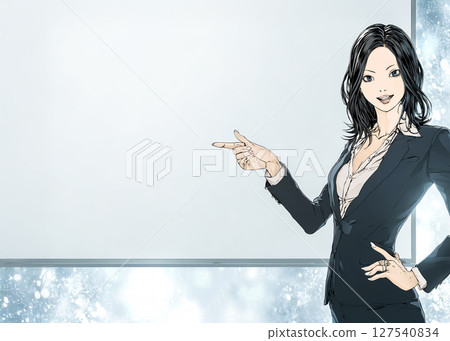 一位微笑的女商人指著白板的插畫素材 一位微笑的女商人指著白板的插畫素材 127540834