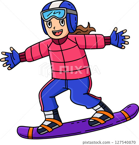 Snowboarding Girl Gliding Cartoon Colored Clipart  127540870