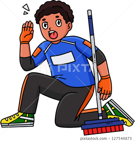 Curling Male Skip Shouting Cartoon Colored Clipart 127540873