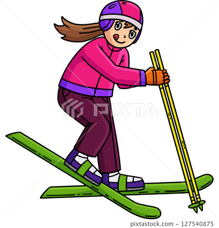 Skiing Girl Trying to Ski Cartoon Colored Clipart  127540875