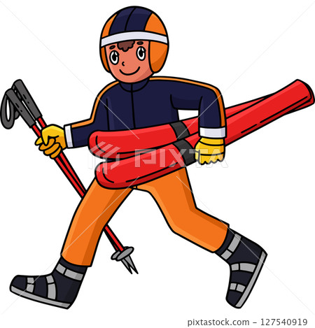 Skiing Boy Carrying Skiboard Cartoon Clipart  127540919