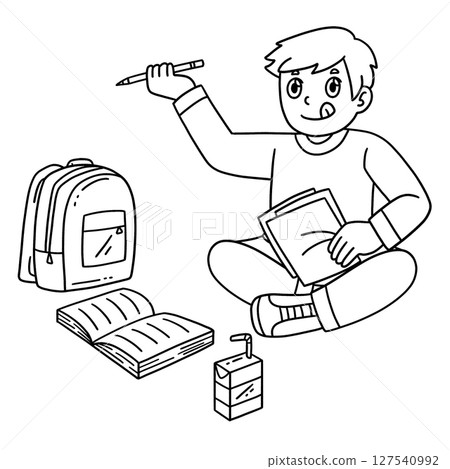 School Yard Boy Studying on the Grass Isolated  127540992
