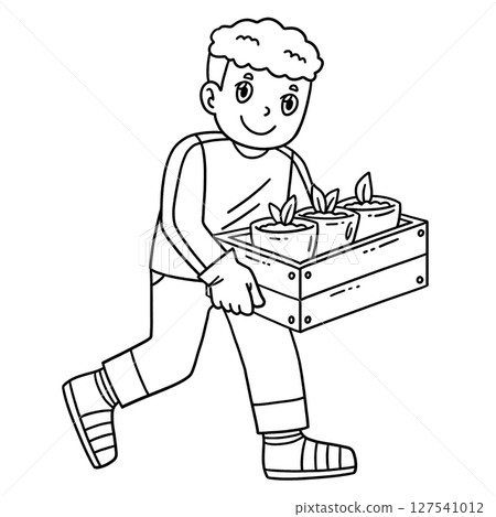 School Yard Boy Carrying Box of Seedlings Isolated 127541012