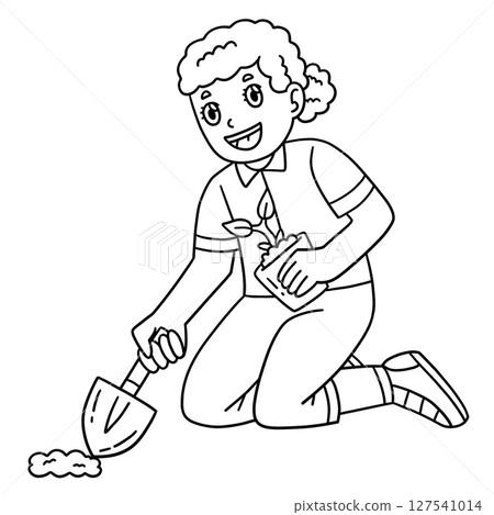 School Yard Girl Planting Seedlings Isolated School Yard Girl Planting Seedlings Isolated 127541014