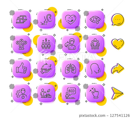 Yummy smile, Food delivery and Lungs line icons. App 3d buttons. Social media comment, share, like icons. Pack of Group, Brand, Eco bike icon. Whisper, Outsource work, Meeting pictogram. Vector 127541126