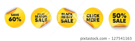 Discount sticker tag. 50 percent discount, Black friday paper price banners. Save 60 percent off tag. Sale Discount offer price sign. Special offer symbol. Click here sticker. Vector 127541163