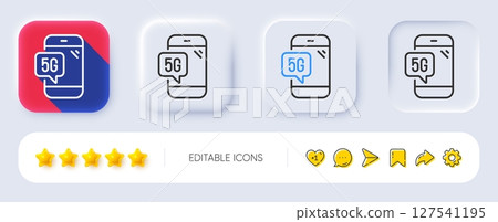 5g technology phone line icon. Neumorphic, Flat shadow, 3d buttons. Wifi wireless network sign. Mobile data transmission symbol. Line 5g phone icon. Social media icons. Vector 127541195