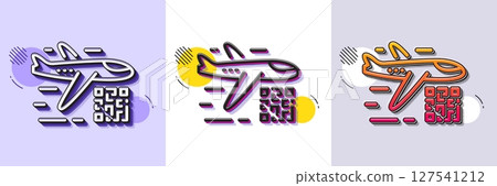 Qr code line icon. Halftone dotted pattern. Gradient icon with grain shadow. Scan barcode sign. Flight tickets scanner symbol. Line qr code icon. Various designs. Vector 127541212