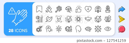 Stress, Vitamin a and Mint leaves line icons. Interest rate, AI generate, Inflation icons. Pack of Coronavirus vaccine, Use gloves, Medical mask icon. Vector 127541259