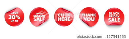 Discount sticker tag. Season sale, Black friday paper price banners. Save up to 30 percent tag. Discount Sale offer price sign. Special offer symbol. Thank you sticker. Vector 127541263