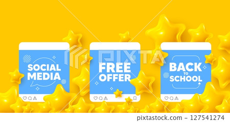 Free offer social media post. Back to school template. Free offer tag. Special offer sign. Sale promotion symbol. Like, comment and share icons. Vector 127541274