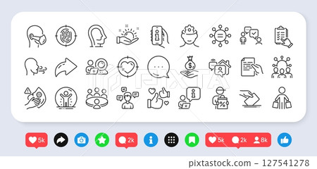 Breathing exercise, Recovered person and Voting ballot line icons pack. Social media: share, comment, like icons. Fingerprint, Income money, Heart target web icon. Vector 127541278