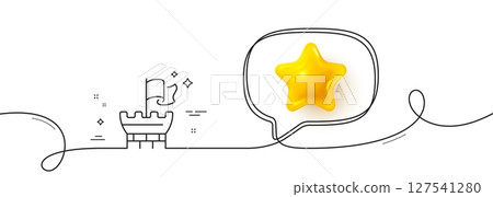 Tower line icon. Continuous line with 3d star. Castle flag sign. Safe defence symbol. 3d star in speech bubble. Shield single line ribbon. Loop curve pattern. Vector 127541280