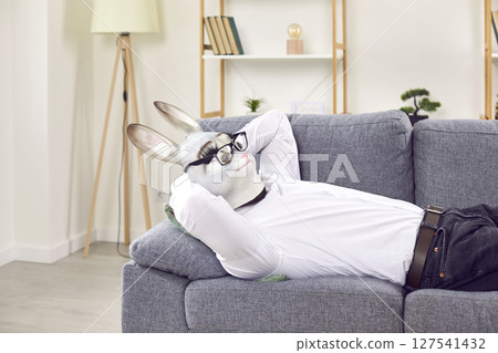 Funny man wearing in a rabbit animal mask lying on couch at home or in office resting. 127541432