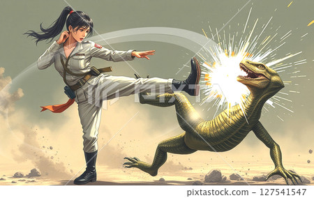 A female Self-Defense Force member spin-kicks an evil alien 127541547