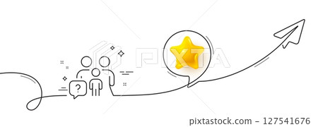 Family questions line icon. Continuous line with share plane. Question mark sign. People insurance symbol. 3d star in speech bubble. Family questions single line ribbon. Loop curve pattern. Vector 127541676