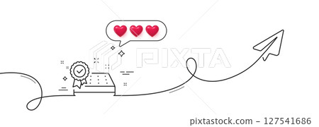 Mattress guarantee line icon. Continuous line with share plane. Tested orthopedic pad sign. Breathable sleep bed symbol. Hearts rate review in speech bubble. Vector Mattress guarantee line icon. Continuous line with share plane. Tested orthopedic pad sign. Breathable sleep bed symbol. Hearts rate review in speech bubble. Vector 127541686