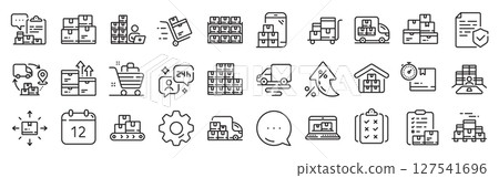 Inventory line icons. Settings gear, Message, Inflation icons. Warehouse manager, Wholesale stock, Goods checklist. Delivery logistic, Box shelf, Warehouse distribution outline icons. Vector Inventory line icons. Settings gear, Message, Inflation icons. Warehouse manager, Wholesale stock, Goods checklist. Delivery logistic, Box shelf, Warehouse distribution outline icons. Vector 127541696