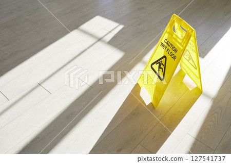 Caution Wet Floor Sign During Cleanup 127541737