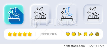 Mattress line icon. Neumorphic, Flat shadow, 3d buttons. Night sleep bed rest sign. Moon symbol. Line mattress icon. Social media icons. Vector Mattress line icon. Neumorphic, Flat shadow, 3d buttons. Night sleep bed rest sign. Moon symbol. Line mattress icon. Social media icons. Vector 127541774