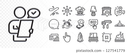 Bid offer, Fishing rod and Table lamp line icons for web app. Glare of light effect. Message icon. Pack of Cloakroom, Market location, Building pictogram icons. Vector 127541779