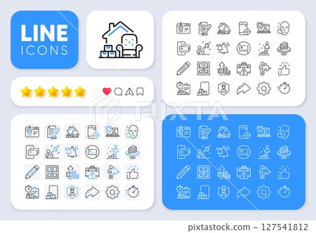 Seo phone, Packing things and Pencil line icons for web app. Message, Share, Like social media icons. Pack of Security agency, Start business, Face search pictogram icons. Vector Seo phone, Packing things and Pencil line icons for web app. Message, Share, Like social media icons. Pack of Security agency, Start business, Face search pictogram icons. Vector 127541812