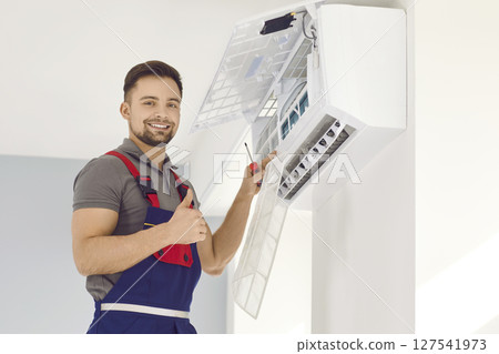 Worker from air conditioning installation service provides good service and gives thumbs up 127541973