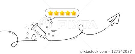 Medical syringe line icon. Continuous line with share plane. Medicine vaccine sign. Pharmacy medication symbol. Five star rate review in speech bubble. Medical syringe single line ribbon. Vector 127542087