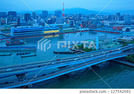 View of the Fukuoka Boat Race at dusk from Hakata Port Tower 127542091
