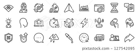 Seo gear, Timer and Chemistry pipette line icons pack. Share, Message, Paper plane icons. Qr code, Education, 24 hours web icon. Capsule pill, Clipboard, Vitamin h pictogram. Vector 127542095