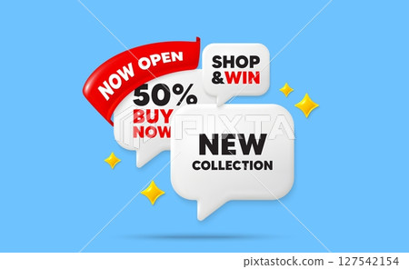New collection speech bubbles. Now open flag ribbon. New collection tag. New fashion arrival sign. Advertising offer symbol. Discount chat bubbles with 3d sparkles. Vector 127542154