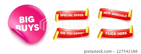 Big buys sticker, offer ribbons. New arrivals, Click here. Big buys tag. Special offer price sign. Advertising discounts symbol. Pink sticker tag. Flag ribbon banners. Vector 127542166