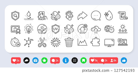 Cloud upload, Chemical formula and Coronavirus pills line icons pack. Social media: share, comment, like icons. Time management, Quarantine, Computer web icon. Vector 127542193