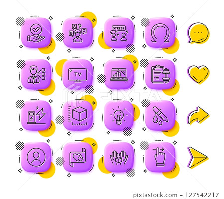 Hold box, Difficult stress and Dumbbell line icons. App 3d buttons. Social media comment, share, like icons. Pack of Omega, Chemistry pipette, Third party icon. Vector 127542217