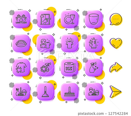 Cleaning mop, Toilet paper and Household service line icons. App 3d buttons. Social media comment, share, like icons. Pack of Dish plate, Dirty t-shirt, Plunger icon. Vector Cleaning mop, Toilet paper and Household service line icons. App 3d buttons. Social media comment, share, like icons. Pack of Dish plate, Dirty t-shirt, Plunger icon. Vector 127542284