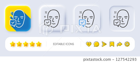 Face accepted line icon. Neumorphic, Flat shadow, 3d buttons. Access granted sign. Facial identification success symbol. Line face accepted icon. Social media icons. Vector 127542293