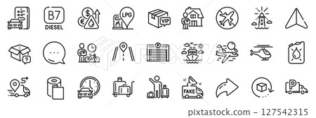 Fuel price, Fake news and Truck parking line icons pack. Share, Message, Paper plane icons. Helicopter, Airport transfer, Parking garage web icon. Vector 127542315