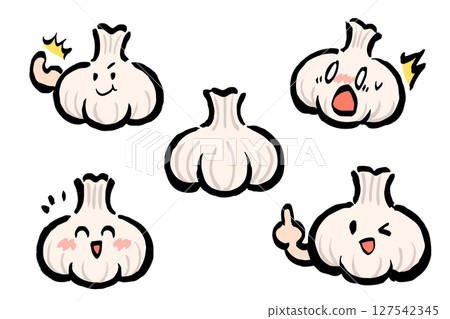 A variety of facial expressions for the garlic mascot (energetic, surprised, smiling, pointing) 127542345