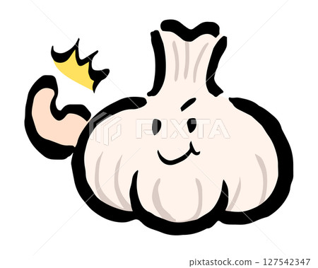 一隻活潑的大蒜吉祥物正在展示它的肌肉 127542347
