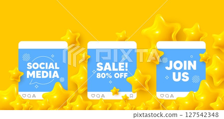 Sale social media post. Join us template mockup. Sale 80 percent off discount. Promotion price offer sign. Retail badge symbol. Like, comment and share icons. Vector 127542348