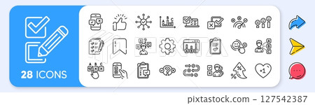 Survey, Report review line icons. Interest rate, AI generate, Inflation icons. Opinion, Customer satisfaction feedback and Test icons. Checklist review, Quiz and Business report symbols. Vector 127542387