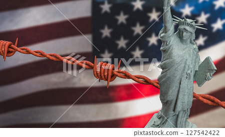 The Statue of liberty and barbed wire on America flag 3d Rendering. 127542422