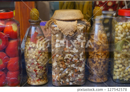 Canned fruits and vegetables in glass jars Canned fruits and vegetables in glass jars 127542578