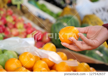 Fresh Oranges are Available in Market Hand A Beautiful Vibrant Food Scene 127542637