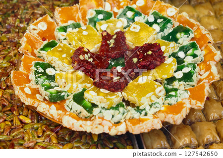 A vibrant and diverse platter of assorted traditional Turkish desserts 127542650
